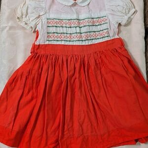 VTG 70s Girls 4-5 yo Red Smocked Dress Short Sleeve Pintuck Peter Pan Collar